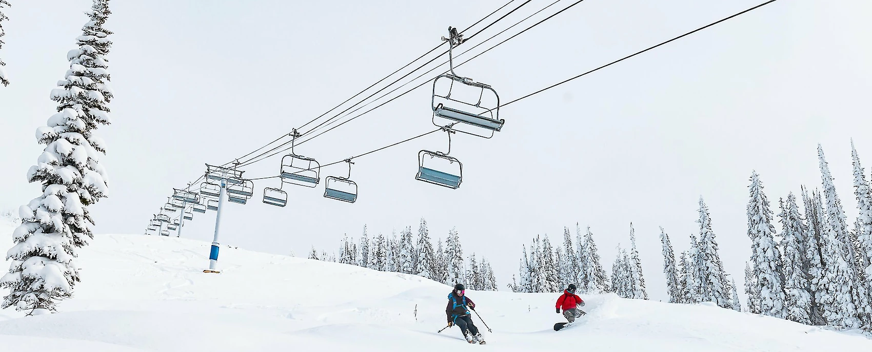Skiers and snowboarders riding down powder snow under a chairlift in a winter forest