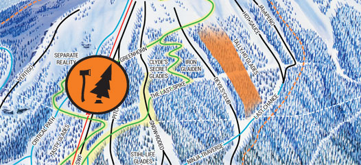 Cropped trail map displaying new glading on Southside at Revelstoke Mountain Resort
